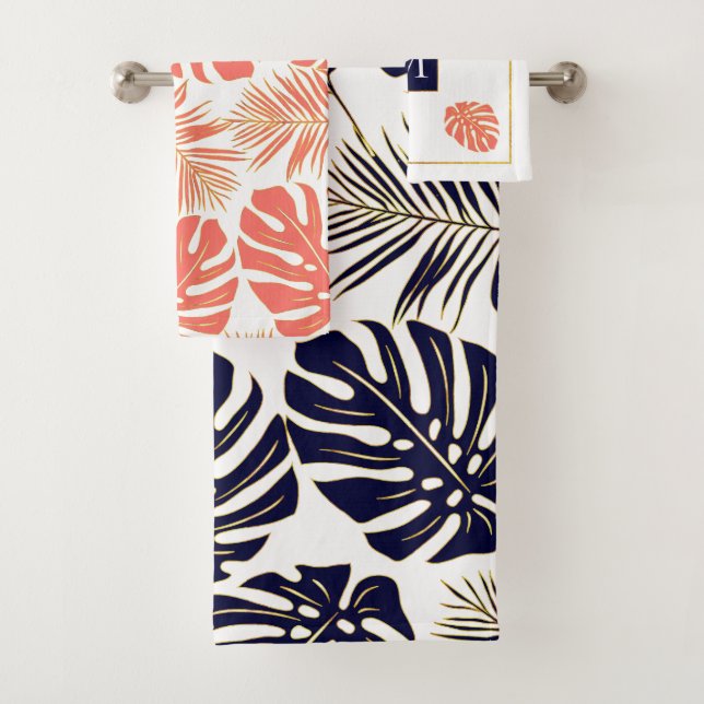Navy and coral tropical leaves and monogram bath towel set (Insitu)