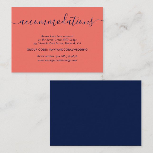 Navy and Coral Wedding Hotel Accommodation Cards (Front/Back)