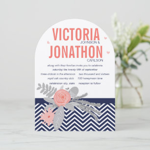 Navy and Coral Zigzag Chevron Floral Wedding Invitation