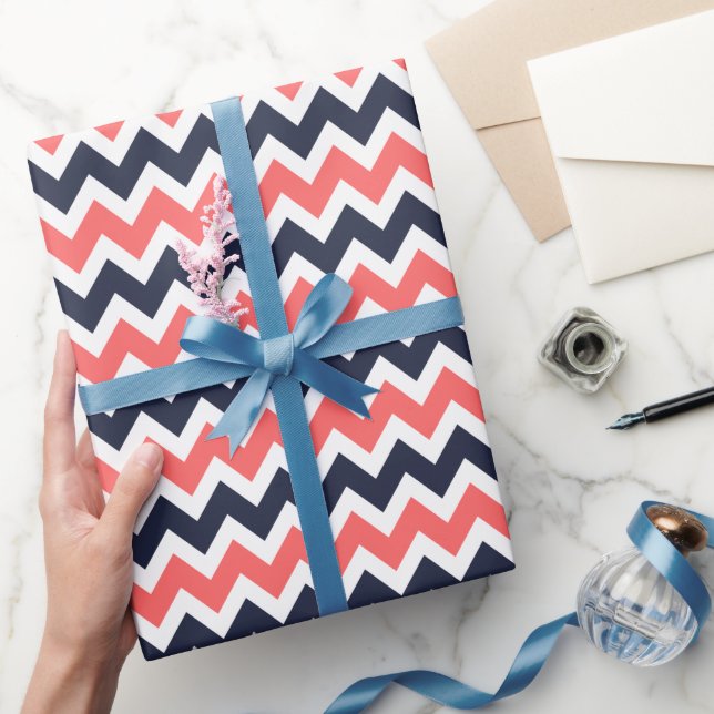Navy and Coral Zigzag Chevron Stripes Wrapping Paper (Gifting)