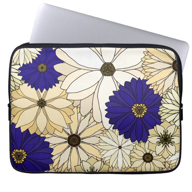 Navy and Cream Flower Laptop Sleeve (Front)