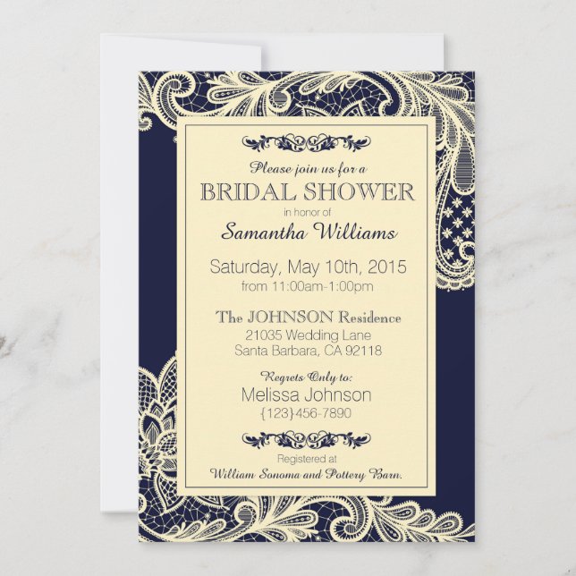 Navy and Cream Lace Bridal Shower Invitation (Front)