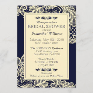 Navy and Cream Lace Bridal Shower Invitation