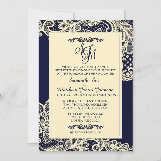 Navy and Cream Lace Wedding Invitation Card (Front)