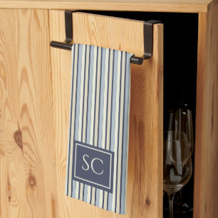 Navy And Cream Striped Pattern Monogrammed Tea Towel