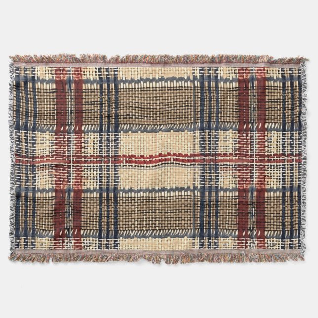 Navy and Cream Woven Plaid Pattern Throw Blanket (Front)