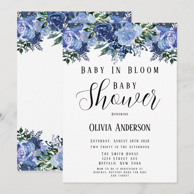 Navy and Dusty Blue Baby In Bloom Baby Shower Invitation (Front/Back)