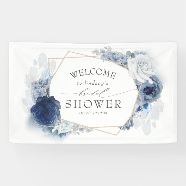 Navy and Dusty Blue Floral Bridal Shower Banner (Horizontal)