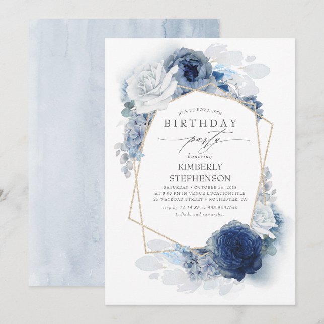 Navy and Dusty Blue Floral Modern Birthday Party Invitation (Front/Back)