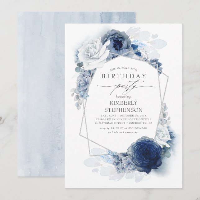 Navy and Dusty Blue Floral Modern Birthday Party Invitation (Front/Back)