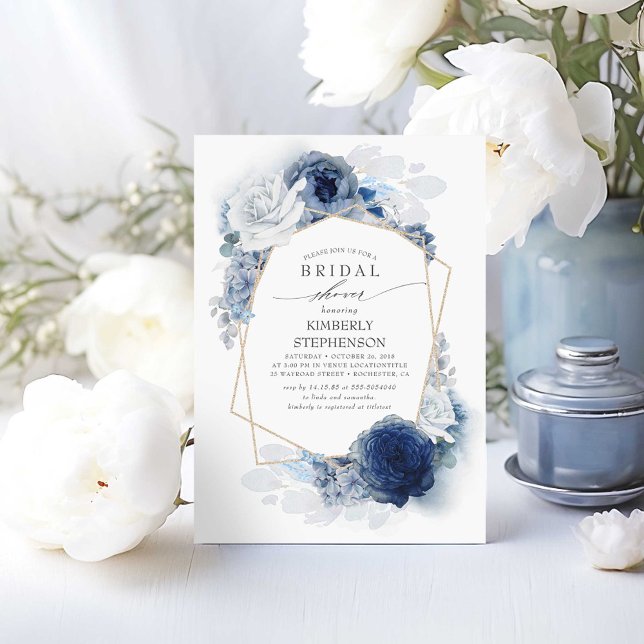 Navy and Dusty Blue Floral Modern Bridal Shower Invitation (Dusty Blue Bridal Shower Invitation)