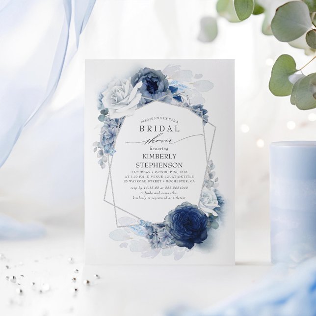 Navy and Dusty Blue Floral Modern Bridal Shower Invitation (Dusty Blue Flowers Bridal Shower Invitations)