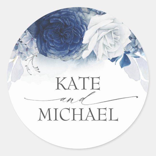 Navy and Dusty Blue Floral Wedding Classic Round Sticker (Front)