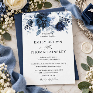 Navy and Dusty Blue Floral Wedding  Invitation