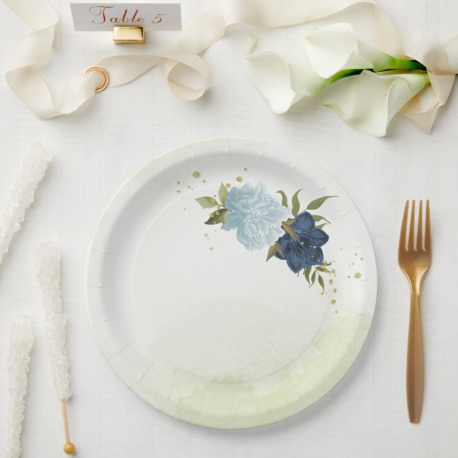  navy and dusty blue flowers greenery paper plate (Wedding)