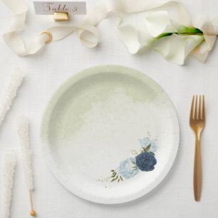 navy and dusty blue flowers greenery paper plate