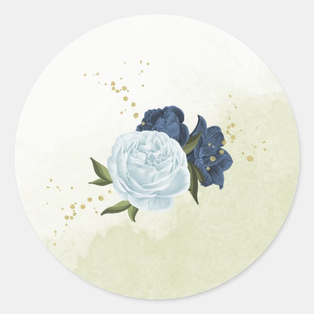  navy and dusty blue flowers greenery wedding classic round sticker (Front)