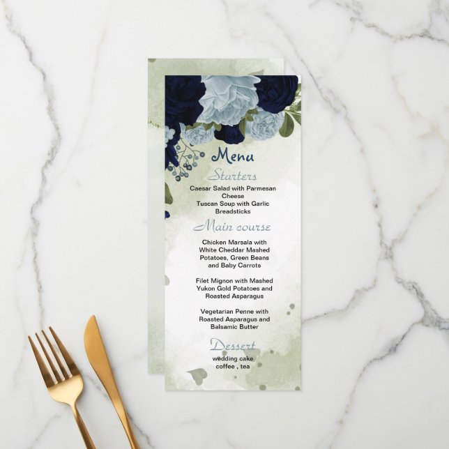 navy and dusty blue flowers greenery wedding menu (Front/Back In Situ)