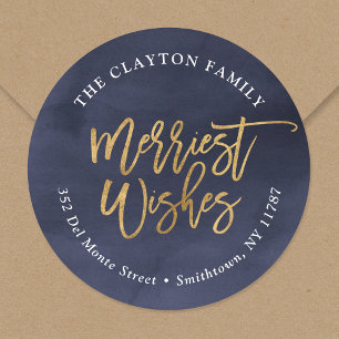 Navy and Faux Foil Merriest Return Address Classic Round Sticker