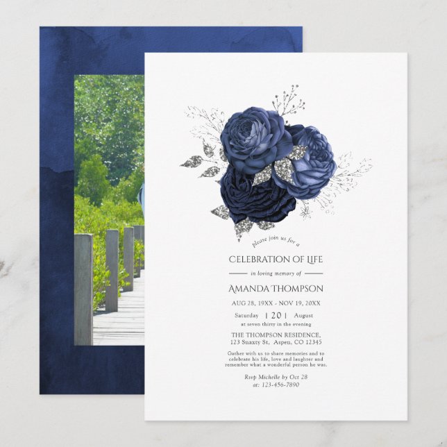Navy and Faux Glitter Silver Celebration of Life  Invitation (Front/Back)
