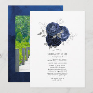 Navy and Faux Glitter Silver Celebration of Life  Invitation
