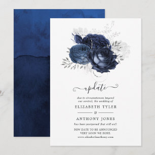Navy and Faux Glitter Silver Floral Wedding Update Invitation