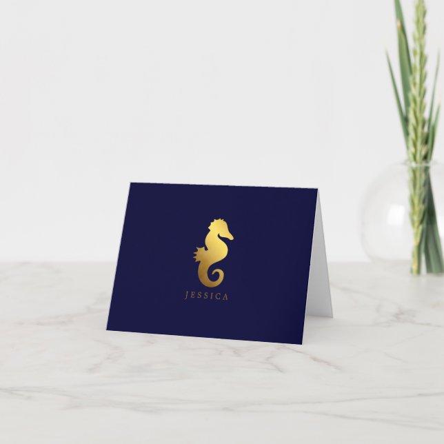 Navy and Faux Gold Foil Seahorse Note Card (Front)