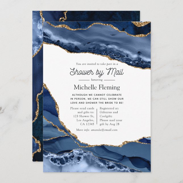 Navy and Gold Agate Baby or Bridal Shower by Mail Invitation (Front/Back)