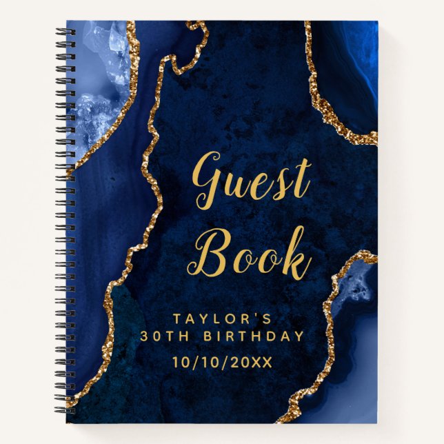 Navy and Gold Agate Birthday Guest Book (Front)