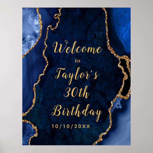 Navy and Gold Agate Birthday Welcome Poster (Front)