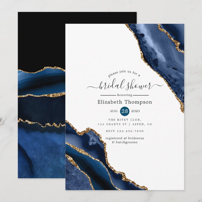 Navy and Gold Agate Bridal Shower Invitation (Front/Back)