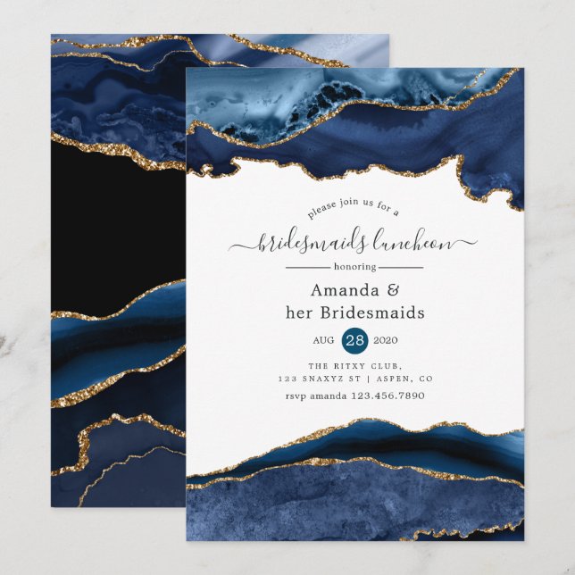 Navy and Gold Agate Bridesmaids Luncheon Invitation (Front/Back)