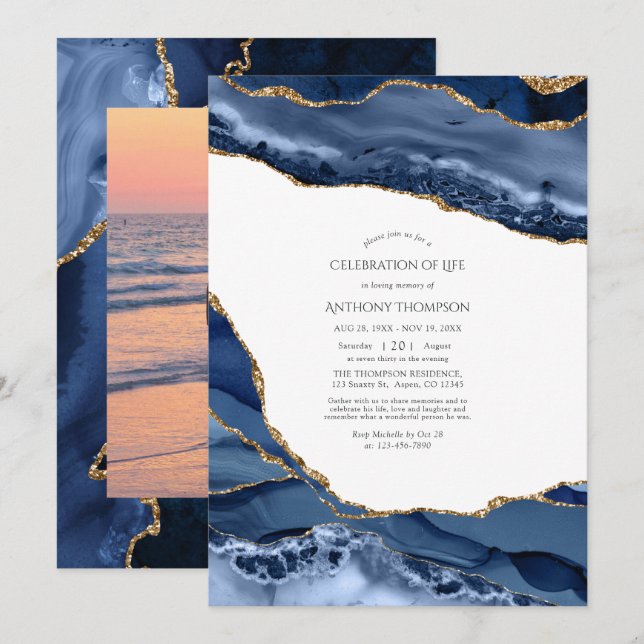 Navy and Gold Agate Celebration of Life Invitation (Front/Back)