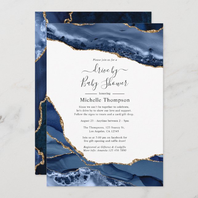 Navy and Gold Agate Drive By Shower Invitation (Front/Back)