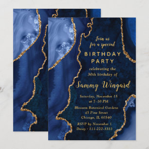 Navy and Gold Agate Marble 30th Birthday Party Invitation