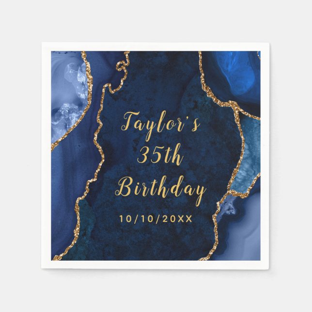 Navy and Gold Agate Marble Birthday Napkin (Front)