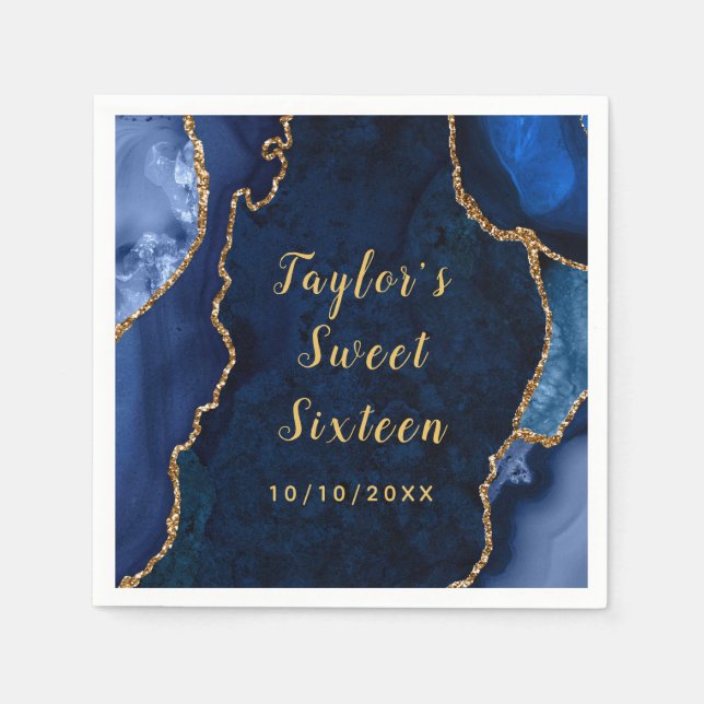 Navy and Gold Agate Marble Sweet Sixteen Napkin (Front)