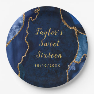 Navy and Gold Agate Marble Sweet Sixteen Paper Plate