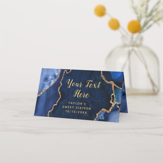 Navy and Gold Agate Marble Sweet Sixteen Place Card (Back)