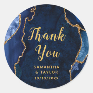 Navy and Gold Agate Marble Thank You Wedding Classic Round Sticker