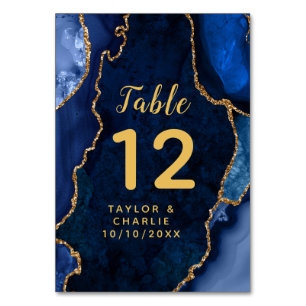 Navy and Gold Agate Marble Wedding Table Number