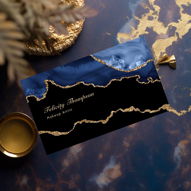 Navy and Gold Agate Precious Stone QR Code Business Card (Creator Uploaded)