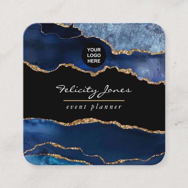 Navy and Gold Agate Precious stone Square Square Business Card (Front)