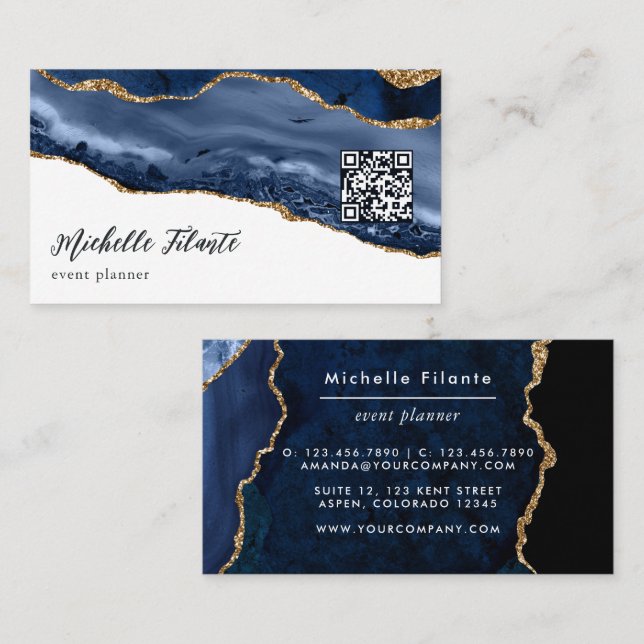Navy and Gold Agate QR Code Business Card (Front/Back)