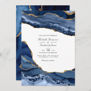 Navy and Gold Agate Stone QR Code RSVP Wedding Invitation