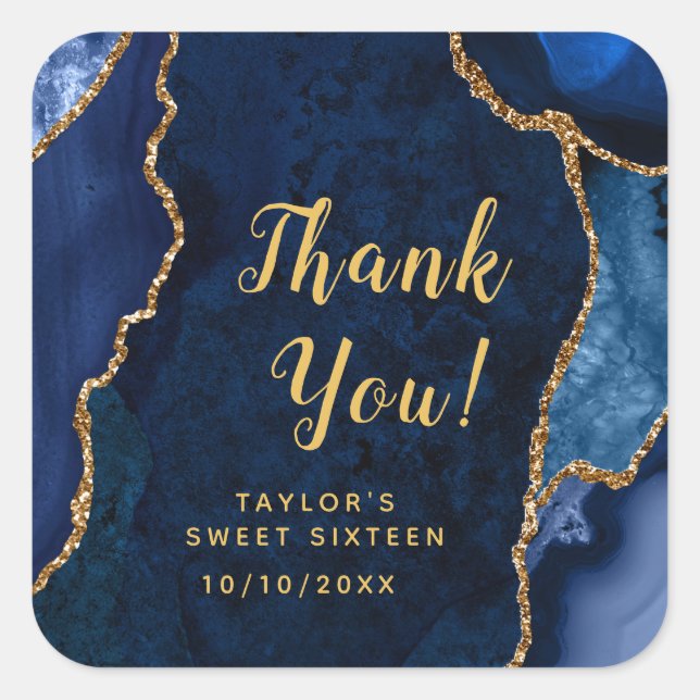Navy and Gold Agate Sweet Sixteen Thank You Square Sticker (Front)