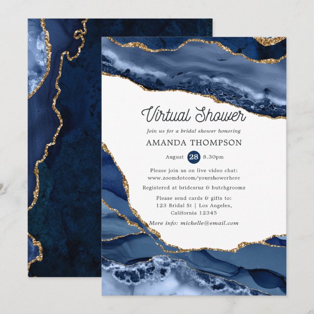 Navy and Gold Agate Virtual Bridal Shower Invitation (Front/Back)