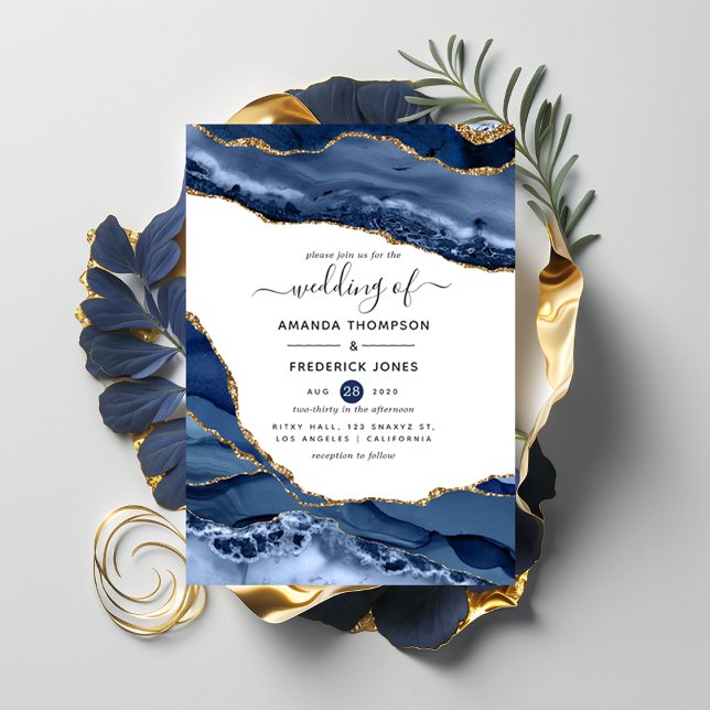 Navy and Gold Agate Wedding Invitation (Creator Uploaded)