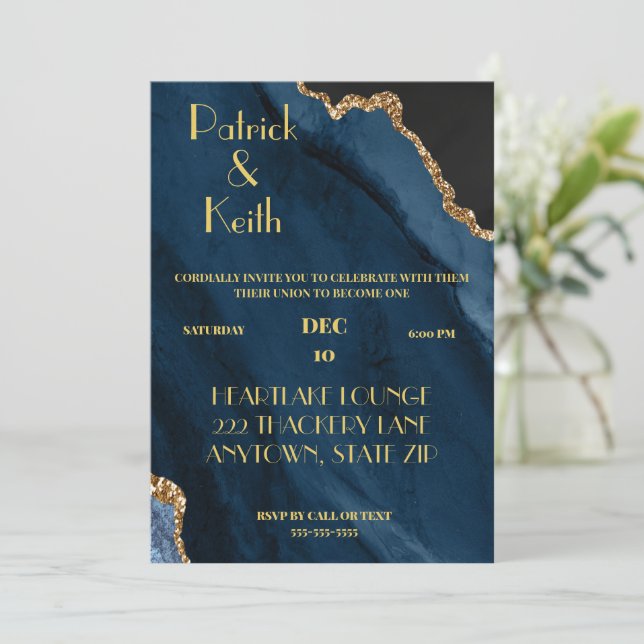 NAVY AND GOLD AGATE WEDDING INVITE, GAY WEDDING INVITATION (Standing Front)