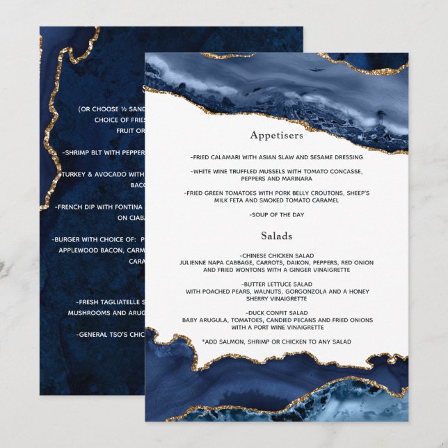 Navy and Gold Agate Wedding Menu (Front/Back)
